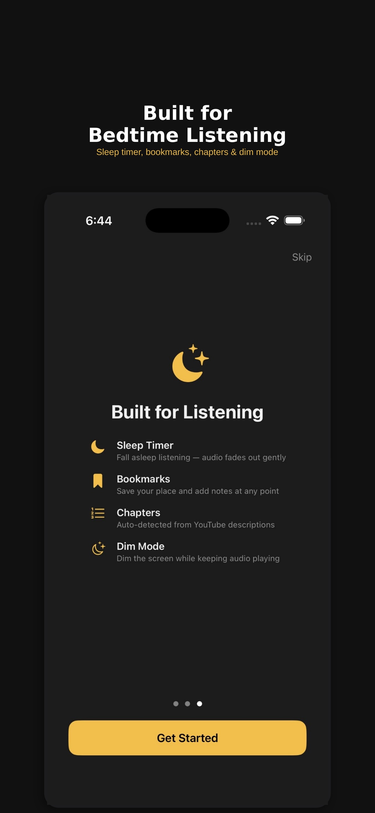 Built for bedtime listening — sleep timer, bookmarks, chapters, dim mode